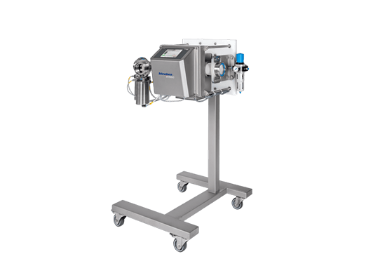 Pipeline metal detector for the detection of metallic contaminants in pumped viscous or liquid products.